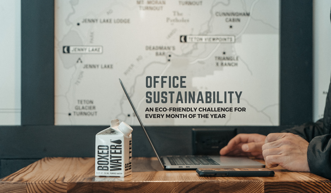 person on a laptop with a Boxed Water in front of a sign reading "office sustainability" 