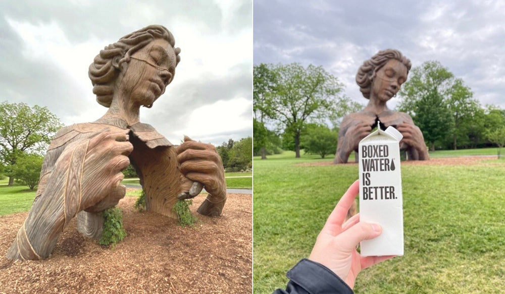 Side by side of a statue of a woman and a shot of Boxed Water in front of the statue 