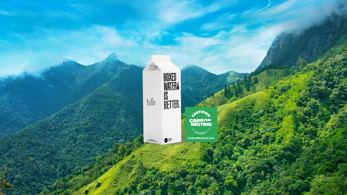 Boxed Water carton with CarbonNeutral product certification logo