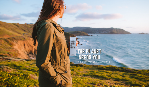 Woman looking out on rocky ocean shore. Headline text: The planet needs you 