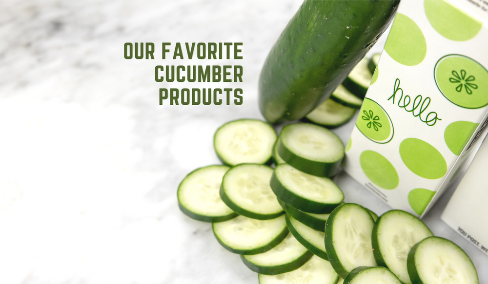 sliced cucumbers next to a cucumber Boxed water. Headline Text: Our Favorite Cucumber Products