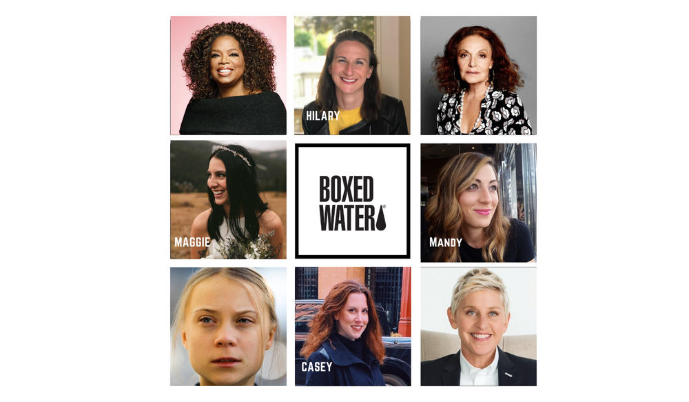 Collage of 8 women with center tile of Boxed water logo