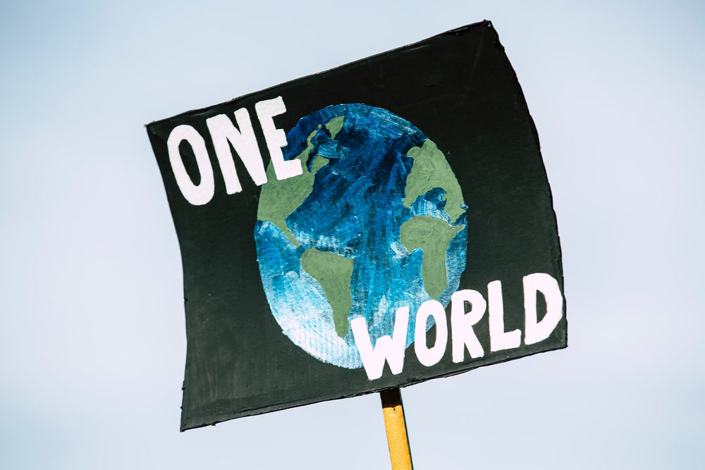 A black sign with the a painting of the earth and whit letters reading "ONE WORLD"