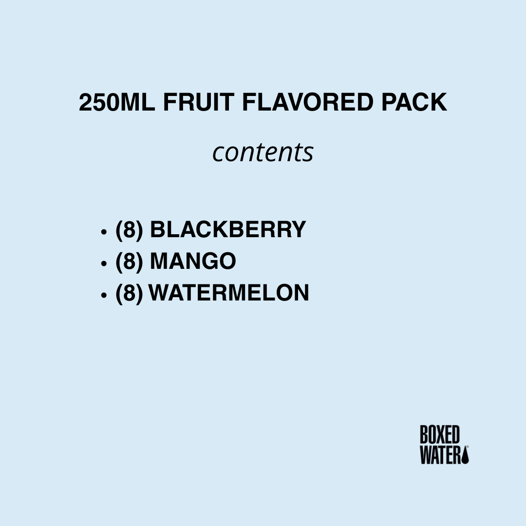 A light blue graphic with black text reading '250ML FRUIT FLAVORED PACK contents' and a bulleted list of flavors: blackberry, mango, and watermelon. A small 'Boxed Water' logo appears in the bottom right corner.