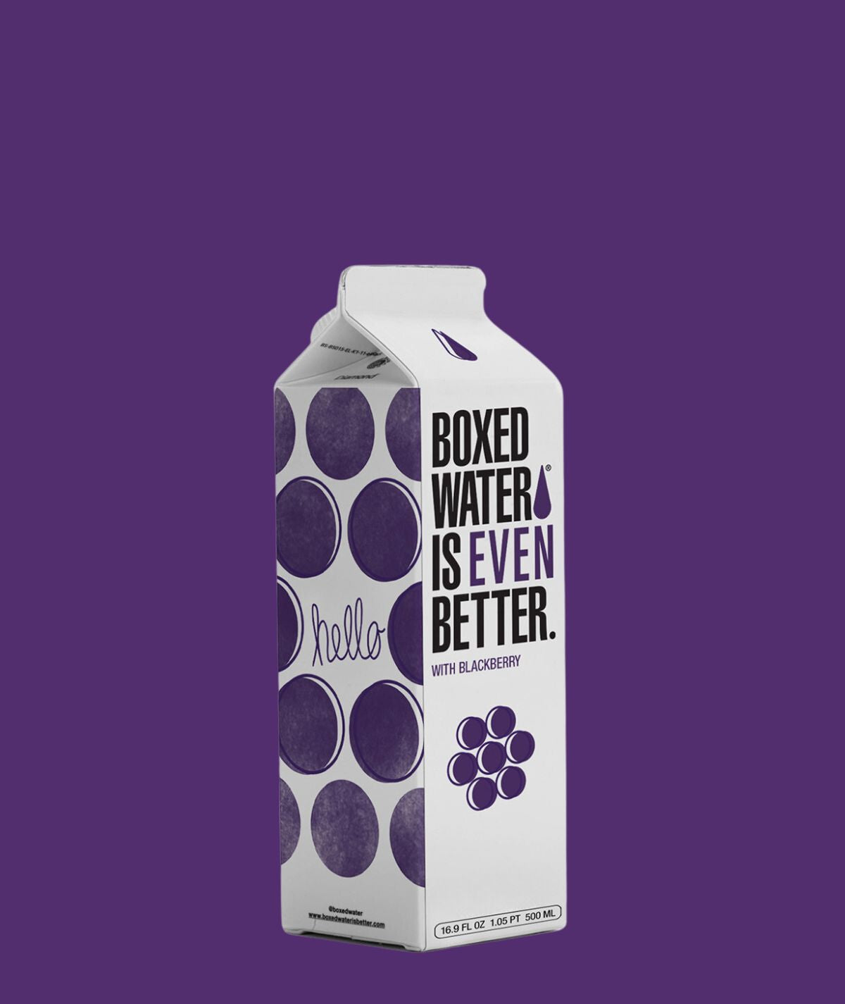 Blackberry flavored water carton on purple background