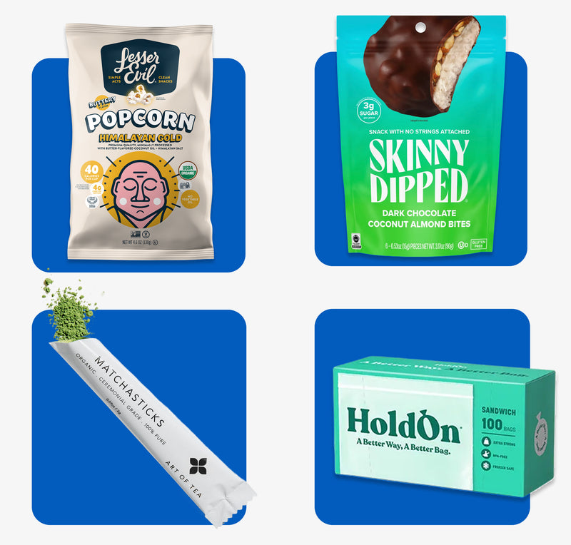 Four product packages on a blue background: Lesser Evil popcorn, Skinny Dipped bites, Matchastics tea, and HoldOn sandwich bags.