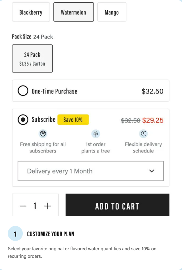 Product purchase page with options for pack size, price, and delivery frequency.