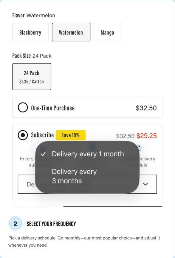 Product packaging with flavor, pack size, and subscription options displayed.