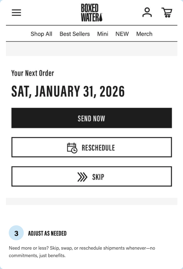 Screen from a shopping app showing an order confirmation with options to send, reschedule, or skip the order on January 31, 2026.