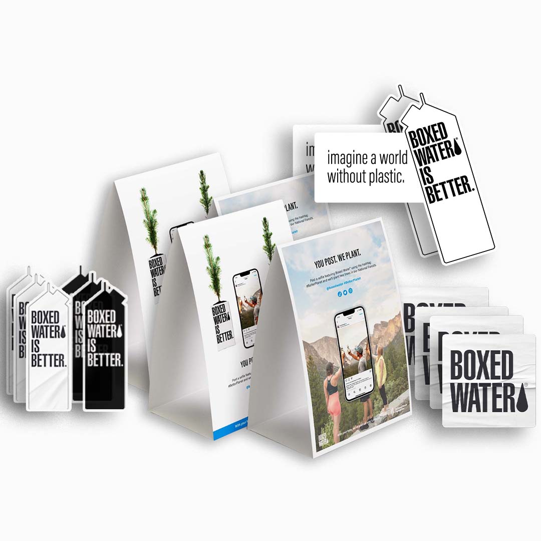 Boxed Water stickers, table tops, and wall clings 