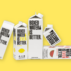 multiple sizes of Boxed Water on yellow background