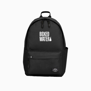 black backpack with white boxed water logo