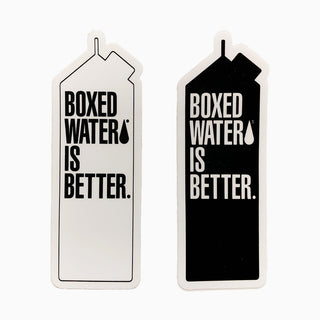 black and white stickers of boxed water cartons
