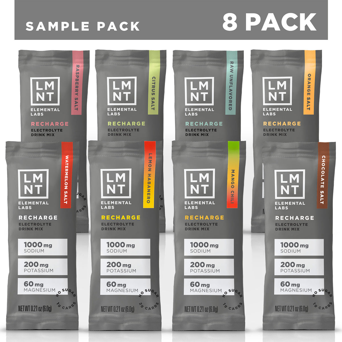 8 count sample pack of LMNT Elemental Labs Recharge Electrolyte Drink Mix