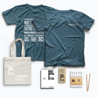 Boxed Water Merchandise such as Boxed Water t-shirt, tote, notepad, pencils, 